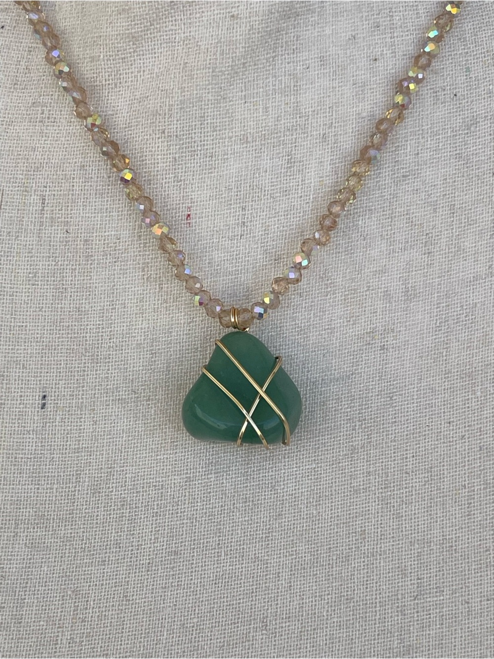 Green Aventurine Necklace Gold Wire Wrap on Champagne Glass Beads - Picture 4 of 5